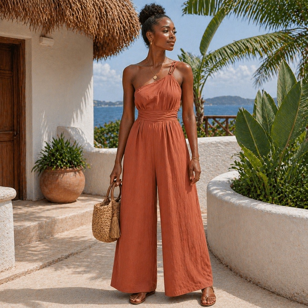 Anrabess Linen Blend Wide Leg‎ Jumpsuit Rust Flowy Strappy Summer Women's S Boho